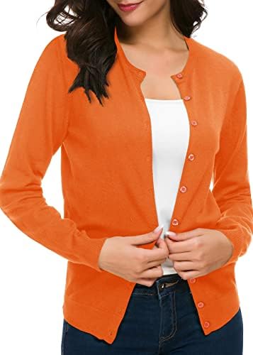 Long Sleeve Crew Neck Button Down Knit Cardigan Sweater, Orange