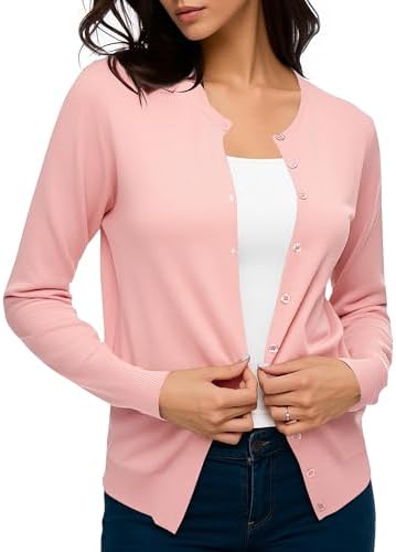 Long Sleeve Crew Neck Button Down Knit Cardigan Sweater, Pink