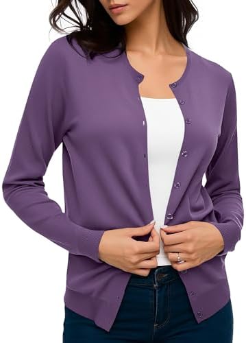 Long Sleeve Crew Neck Button Down Knit Cardigan Sweater, Purple