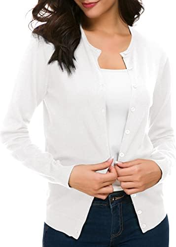 Long Sleeve Crew Neck Button Down Knit Cardigan Sweater, White