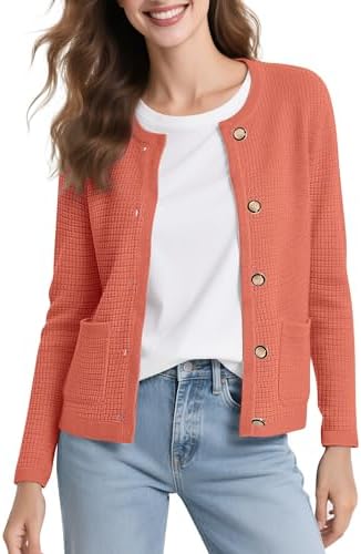 Long Sleeve Crew Neck Cardigan Sweater Button Down Knitted Sweaters for Women 2026, Coral Pink