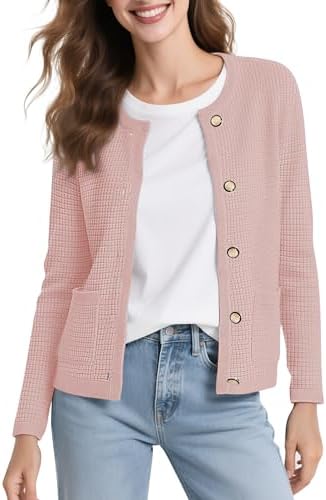 Long Sleeve Crew Neck Cardigan Sweater Button Down Knitted Sweaters for Women 2026, Dusty Pink