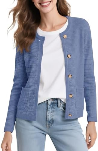 Long Sleeve Crew Neck Cardigan Sweater Button Down Knitted Sweaters for Women 2026, Greyish Blue