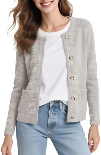 Long Sleeve Crew Neck Cardigan Sweater Button Down Knitted Sweaters for Women 2026, Light Gray