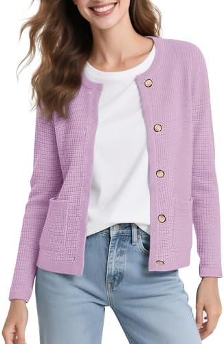 Long Sleeve Crew Neck Cardigan Sweater Button Down Knitted Sweaters for Women 2026, Light Purple
