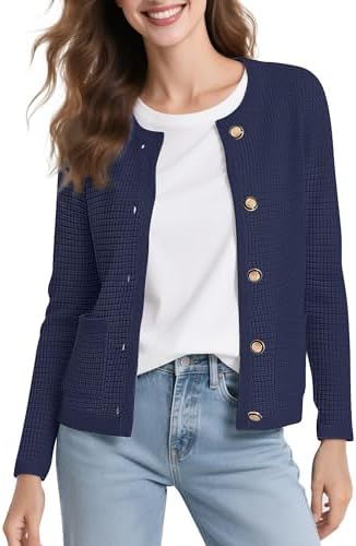 Long Sleeve Crew Neck Cardigan Sweater Button Down Knitted Sweaters for Women 2026, Navy Blue