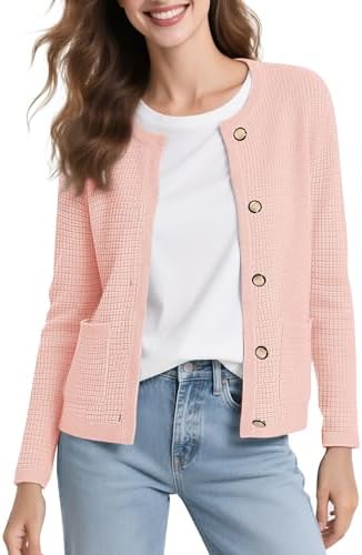 Long Sleeve Crew Neck Cardigan Sweater Button Down Knitted Sweaters for Women 2026, Pink