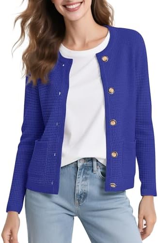 Long Sleeve Crew Neck Cardigan Sweater Button Down Knitted Sweaters for Women 2026, Royal Blue