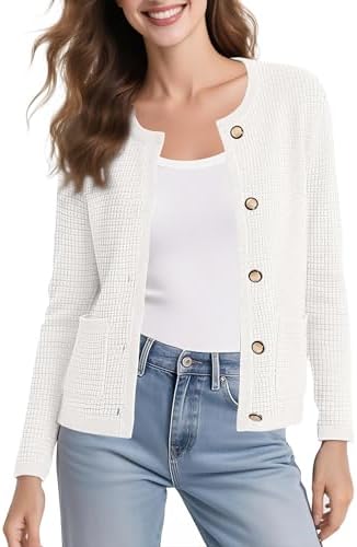 Long Sleeve Crew Neck Cardigan Sweater Button Down Knitted Sweaters for Women 2026, White