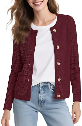 Long Sleeve Crew Neck Cardigan Sweater Button Down Knitted Sweaters for Women 2026, Wine Red