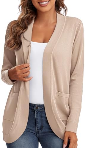 Long Sleeve Knit Sweater Cardigans Curved Hem Open Front with Pockets, Apricot