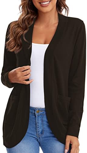 Long Sleeve Knit Sweater Cardigans Curved Hem Open Front with Pockets, Brown
