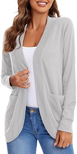 Long Sleeve Knit Sweater Cardigans Curved Hem Open Front with Pockets
