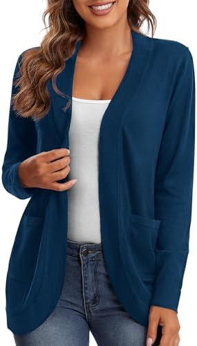Long Sleeve Knit Sweater Cardigans Curved Hem Open Front with Pockets, Indigo Blue