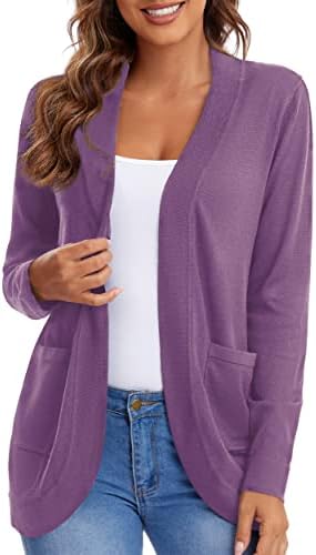 Long Sleeve Knit Sweater Cardigans Curved Hem Open Front with Pockets, Light Purple