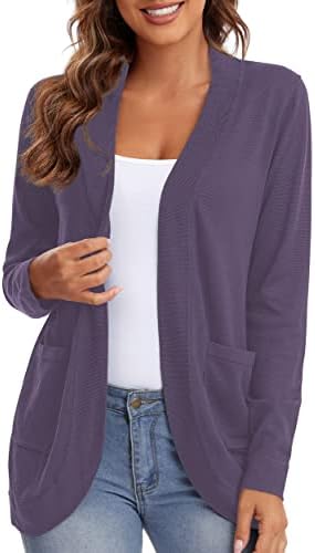 Long Sleeve Knit Sweater Cardigans Curved Hem Open Front with Pockets, Purple