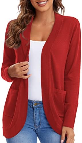 Long Sleeve Knit Sweater Cardigans Curved Hem Open Front with Pockets, Red