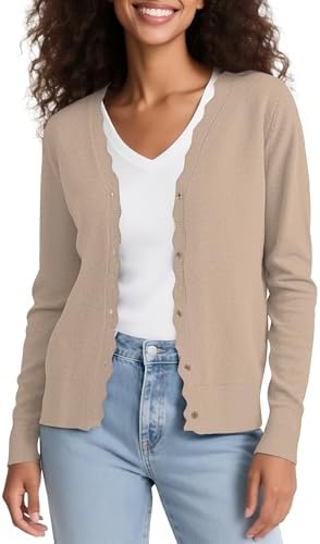 Long Sleeve Open Front Cardigan Sweaters Lightweight V-Neck Button Down Knit Sweater, Apricot