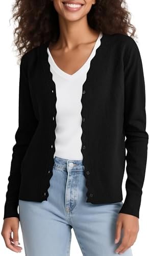 Long Sleeve Open Front Cardigan Sweaters Lightweight V-Neck Button Down Knit Sweater, Black