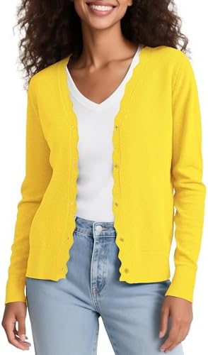 Long Sleeve Open Front Cardigan Sweaters Lightweight V-Neck Button Down Knit Sweater, Lemon Yellow