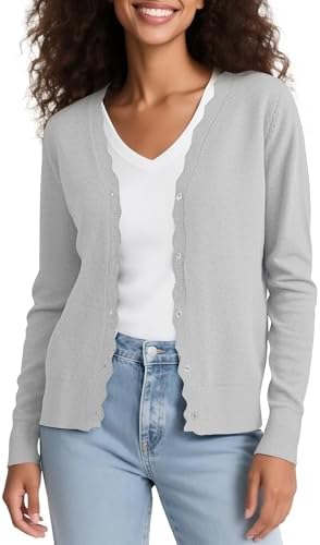 Long Sleeve Open Front Cardigan Sweaters Lightweight V-Neck Button Down Knit Sweater, Light Gray