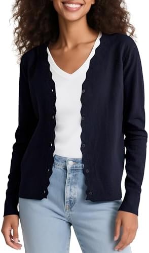 Long Sleeve Open Front Cardigan Sweaters Lightweight V-Neck Button Down Knit Sweater, Navy Blue