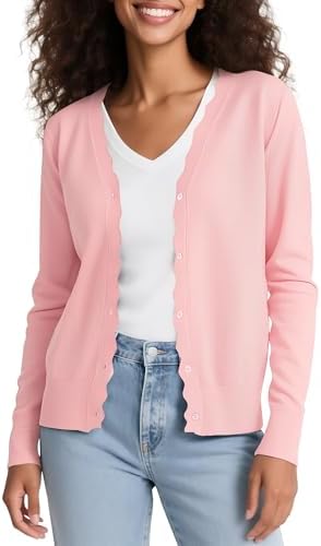 Long Sleeve Open Front Cardigan Sweaters Lightweight V-Neck Button Down Knit Sweater, Pink