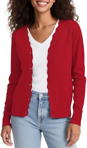 Long Sleeve Open Front Cardigan Sweaters Lightweight V-Neck Button Down Knit Sweater, Red