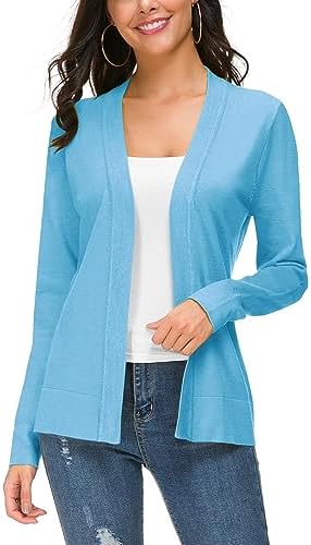 Long Sleeve Open Front Knit Cardigan Sweater, Light Blue