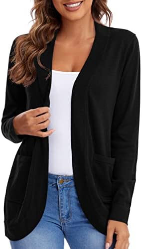 Long Sleeve Open Front Knit Sweater Cardigans Curved Hem with Pockets, Black