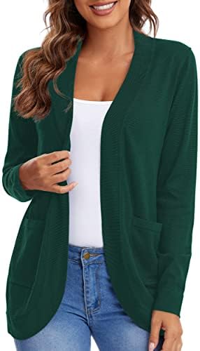 Long Sleeve Open Front Knit Sweater Cardigans Curved Hem with Pockets, Dark Green