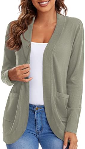Long Sleeve Open Front Knit Sweater Cardigans Curved Hem with Pockets, Khaki