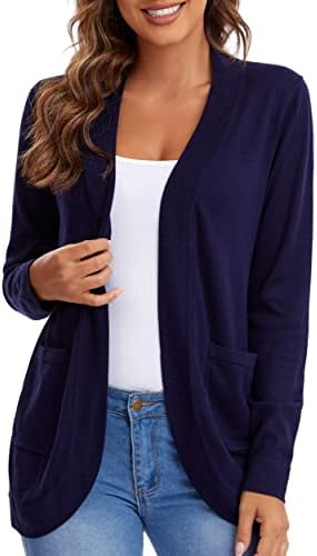Long Sleeve Open Front Knit Sweater Cardigans Curved Hem with Pockets, Navy Blue