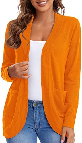 Long Sleeve Open Front Knit Sweater Cardigans Curved Hem with Pockets, Orange