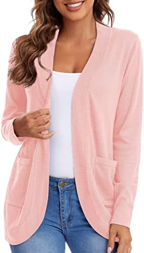 Long Sleeve Open Front Knit Sweater Cardigans Curved Hem with Pockets, Pink