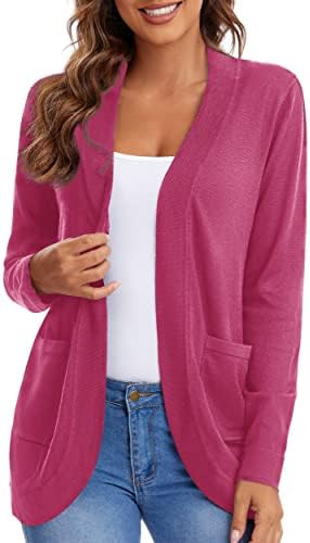 Long Sleeve Open Front Knit Sweater Cardigans Curved Hem with Pockets, Rose