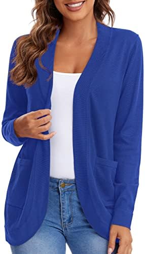 Long Sleeve Open Front Knit Sweater Cardigans Curved Hem with Pockets, Royal Blue