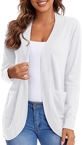 Long Sleeve Open Front Knit Sweater Cardigans Curved Hem with Pockets, White