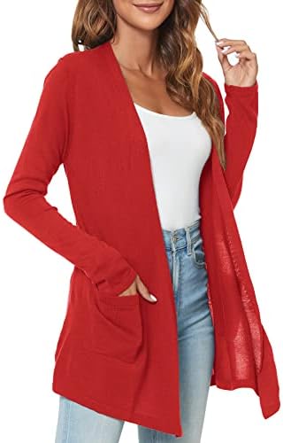 Long Sleeve Open Front Lightweight Cardigan Sweaters with Pockets, Red