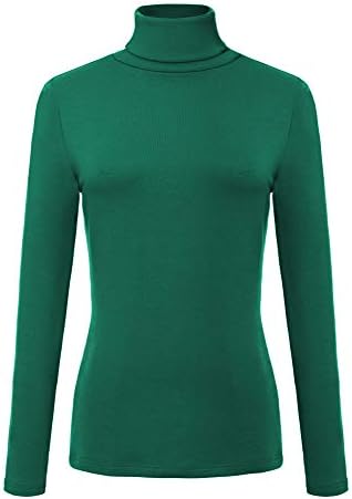 Long Sleeve Turtleneck Slim Fitted T Shirts Basic Stretch Tee Tops, Dark Green