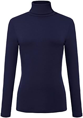 Long Sleeve Turtleneck Slim Fitted T Shirts Basic Stretch Tee Tops, Navy Blue