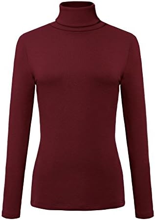 Long Sleeve Turtleneck Slim Fitted T Shirts Basic Stretch Tee Tops, Wine Red