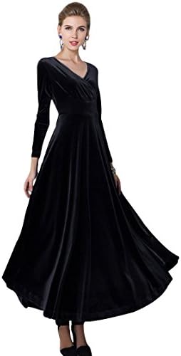 Long Sleeve V-Neck Velvet Stretchy Long Dress, Black
