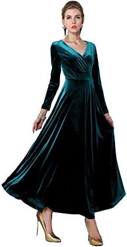 Long Sleeve V-Neck Velvet Stretchy Long Dress Lyons, Blue