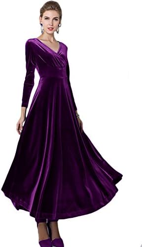 Long Sleeve V-Neck Velvet Stretchy Long Dress, Purple