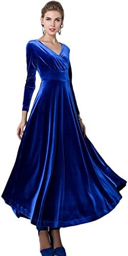Long Sleeve V-Neck Velvet Stretchy Long Dress, Royal Blue