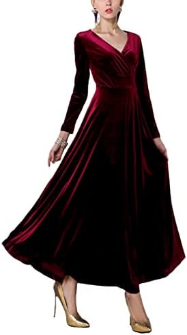 Long Sleeve V-Neck Velvet Stretchy Long Dress, Wine Red