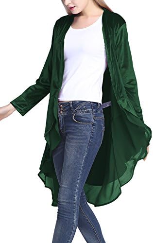 Long Sleeve Velvet Cardigan Coat with Asymmetric Chiffon Hem, Green