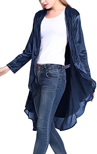 Long Sleeve Velvet Cardigan Coat with Asymmetric Chiffon Hem, Navy