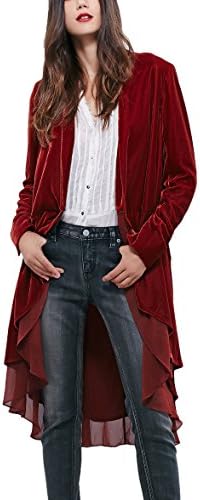 Long Sleeve Velvet Cardigan Coat with Asymmetric Chiffon Hem, Wine Red